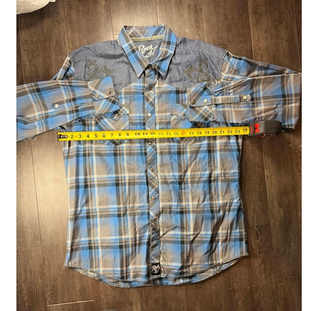 Rock 47 by Wrangler Western Shirt Mens XL Blue Plaid Embroidered Yoke Snap Front - Picture 5 of 7